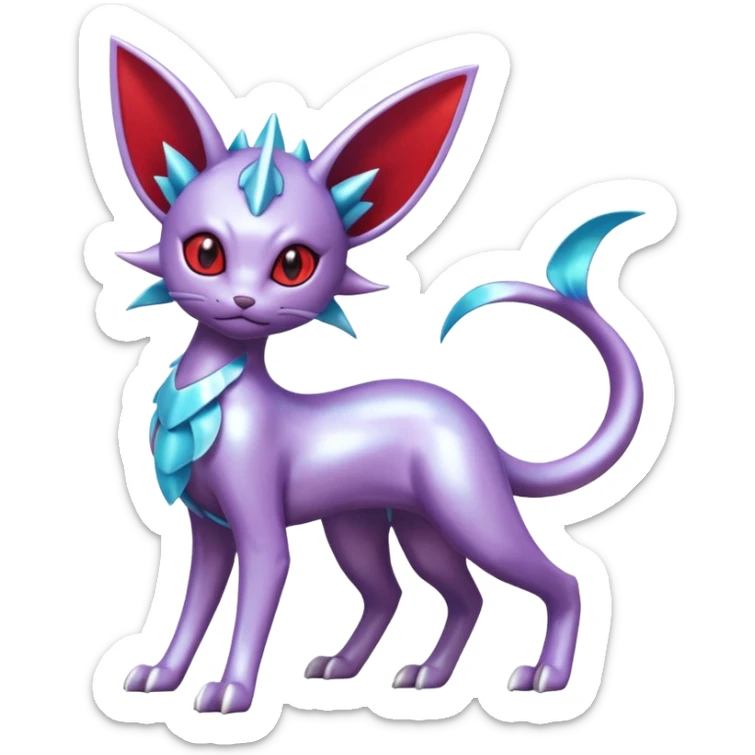 Mechanical Silvery Iridescent Miraidon-Espeon-Mewtwo-Vaporeon-Fakémon-hybrid-creature (full body)  with red eyes and intricate markings sticker