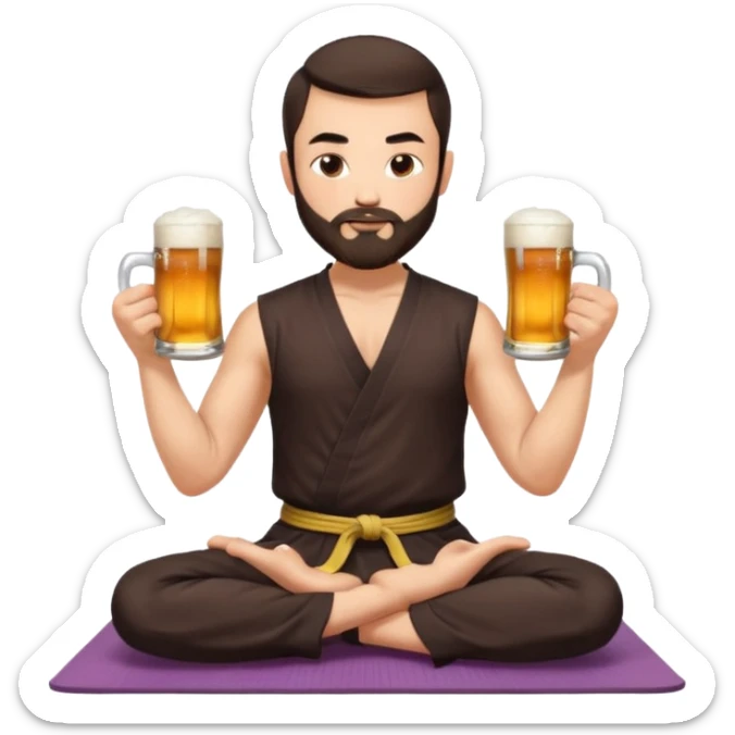 slavic guy with dark brown hair and beard, sitting in yoga pose on a mat, kung fu clothes, short dark hair, holding beer mugs in two hands, sitting sticker