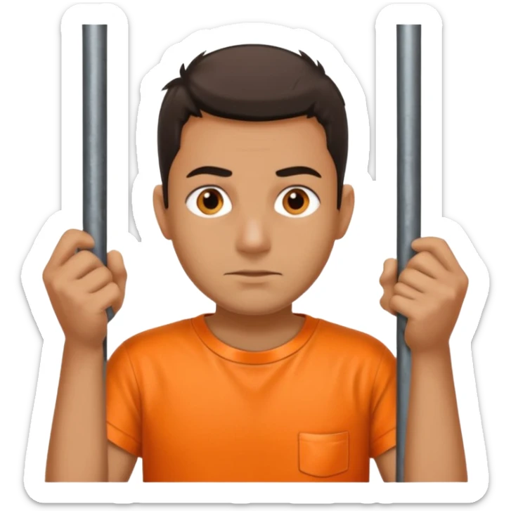 prisoner with orange shirt, metal bars in front of him and he touches the bars sticker