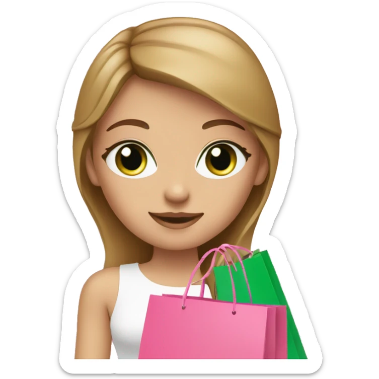 cute light brown hair with green eyes wearing pink surrounded by pink shopping bags sticker