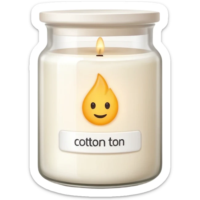 minimal flat emoji of a white scented candle in a glossy white glass jar with the label “cotton”, soft warm glow, clean vector style, elegant and modern, transparent background sticker