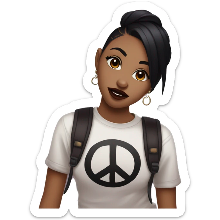 Beautiful girl with medium straight dark black hair with maroon ends and a septum piercing, hazel colors eyes, wearing an emo shirt, making a peace sign and winking sticker