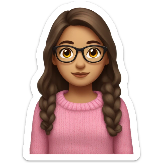 hispanic girl, long brown hair, brown eyes, full body, glasses, young, pink winter sweater sticker