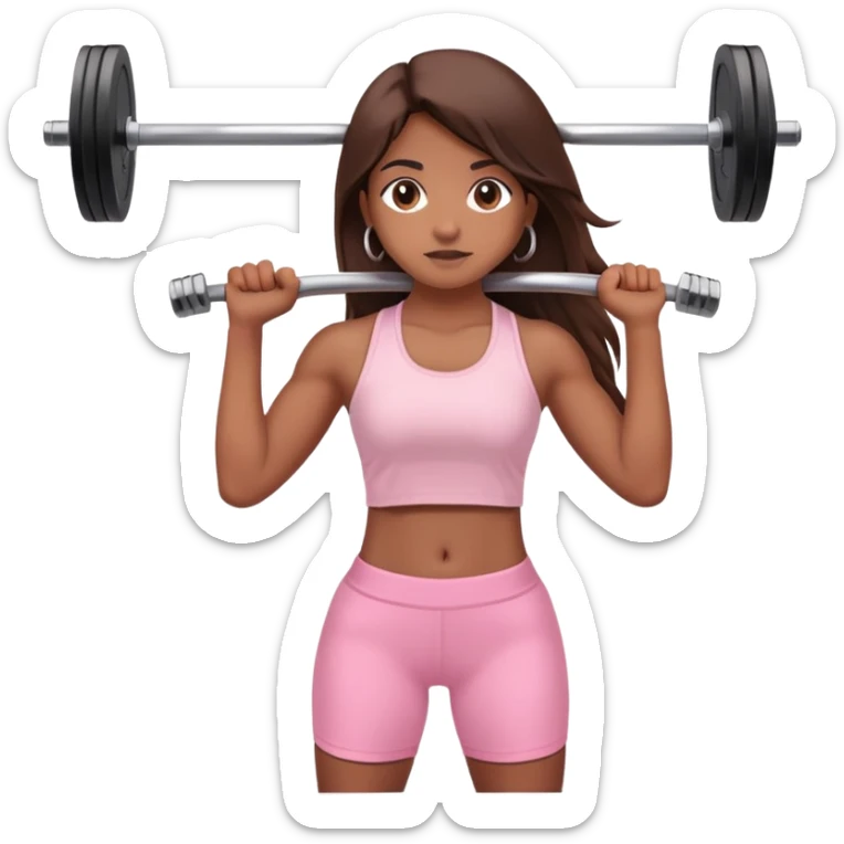 a north-east indian girl with long brown hair wearing a soft pink gym top holding a barbell  sticker