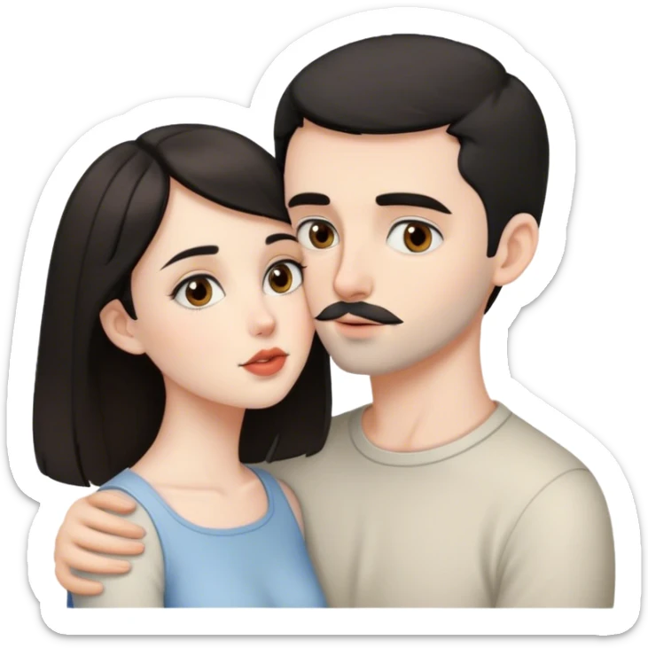 beautiful pale brunette girl with brown eyes kisses pale man short black hair tiny beard grey eyes sticker