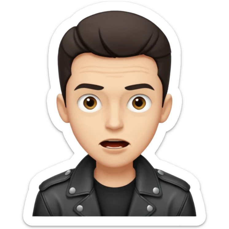 a short and slender young man, with gray eyes and an energetic mouth, a mocking and stubborn look, in a leather jacket, from the 1930s, a film director sticker