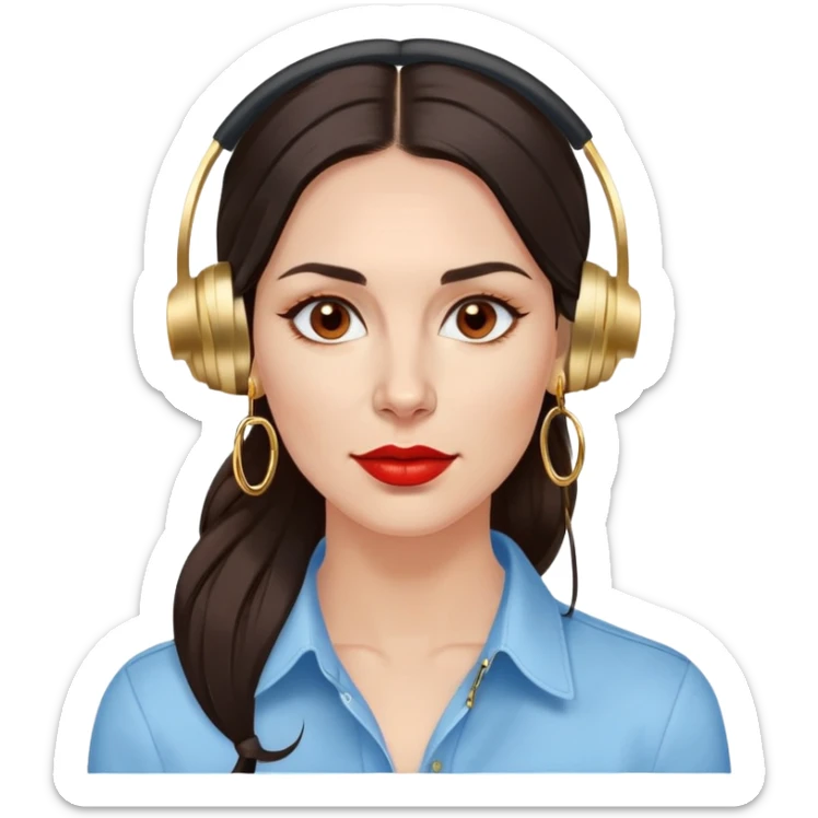 Beautiful croatian woman in her late 30s with long dark brown hair dark brown eyes red lips gold mid size hoop earrings noise cancelling earbuds in light blue mens shirt sticker