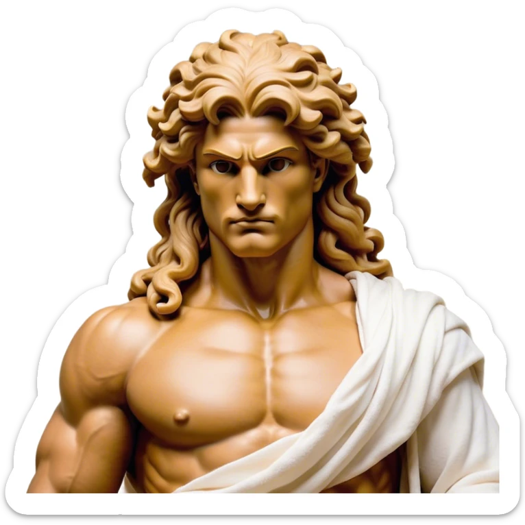 Cinematic Realistic Hercules Portrait, depicted as a classical Greek hero merging the fierce masculinity of the lion-wrestling Hercules with the refined face of Michelangelo's David. His light tan, chiseled skin glows with timeless strength, and his thick, curly, golden brown hair cascades in natural, sculpted curls reminiscent of a warrior’s mane. Draped in a flowing white robe with delicate golden accents and crowned with a traditional Greek laurel wreath, his intense, determined eyes exude noble might, all rendered under dynamic natural lighting with a mythic, radiant glow. sticker