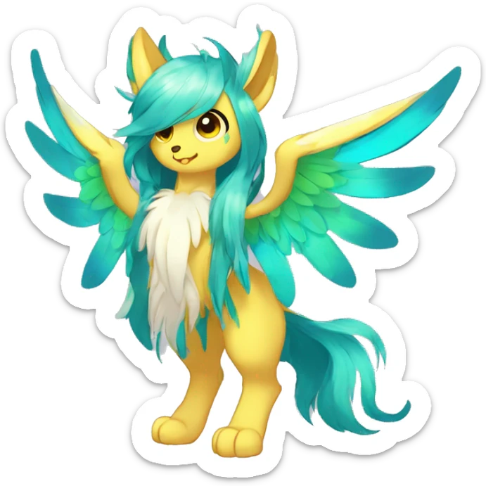Anthro Sona Cool Cute Colorful Shy Winged Shiny Fakemon-Fantasy-Creature With Long Hair-Mane Full Body sticker