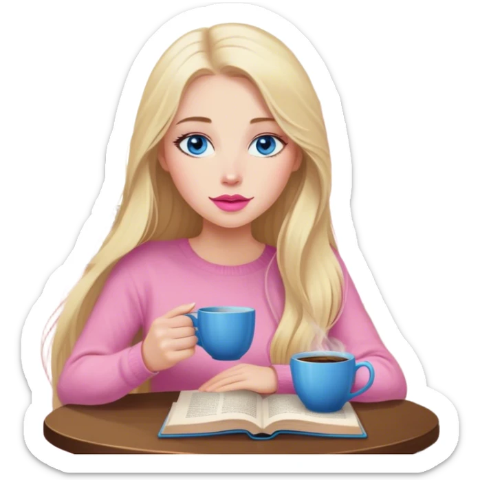 Cinematic realistic blonde with long hair, blue eyes, pink lips, sitting in a cozy atmosphere, reading a book, coffee is on the table next to her sticker