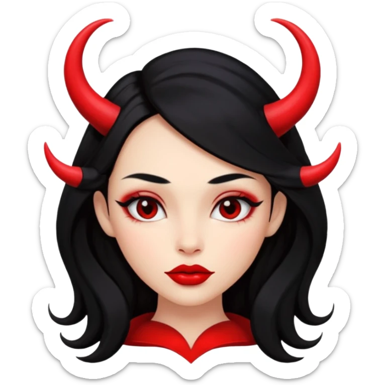 A girl's face with cheekbones, skin red, long black hair, small red horns, big lips sticker