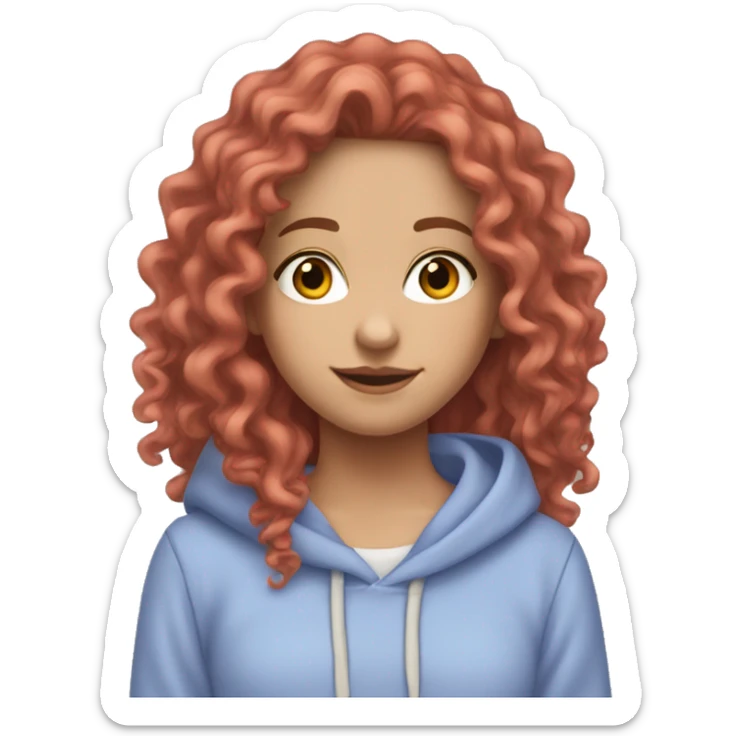 a white girl with long red curly hair, wearing a pastel periwinkle hoodie doing a pose sticker