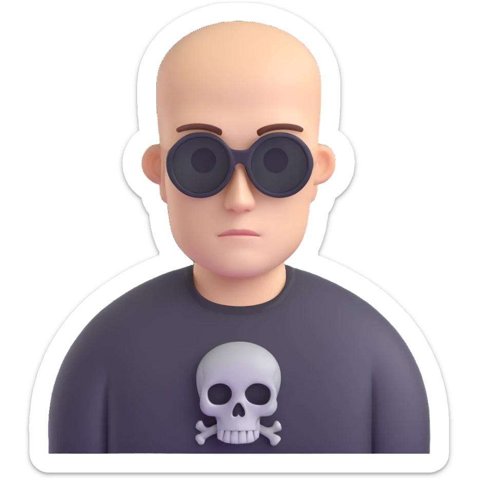 man with oval-shaped flat-top head wearing a black shirt with a gray skull on the front sticker