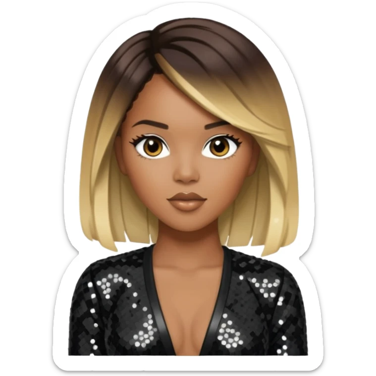 LeToya Luckett with long dark brown hair blonde hair, black sequin outfit sticker