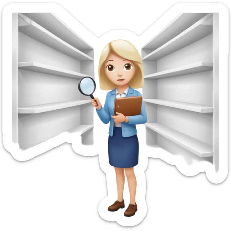 emoji of white empty shelf in perspective view with a standing woman nearby, she is looking at the shelfs with a magnifying glass, she is turned to the shelfs sticker