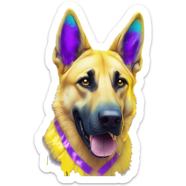 .Zombie_ Vaporwave black holographic oilslick zombie yellow Labrador German shepherd zombie dog yellow caution tape graffiti stripes iridescent blue purple mane yellow stripes sticker