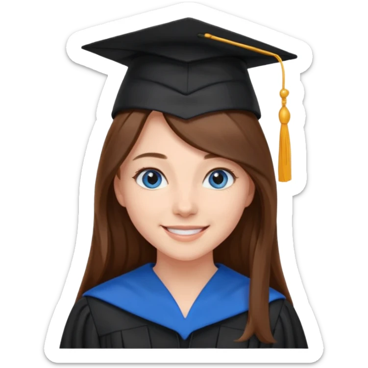 school graduation with a pretty female graduating student with long brown hair, blue eyes sticker