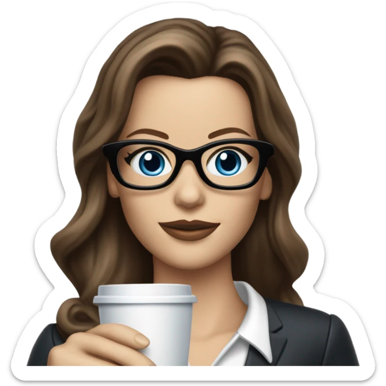 Lifelike model Kate Beckinsale blue eyes wearing glasses in a business dress drinking a cup of tea  sticker