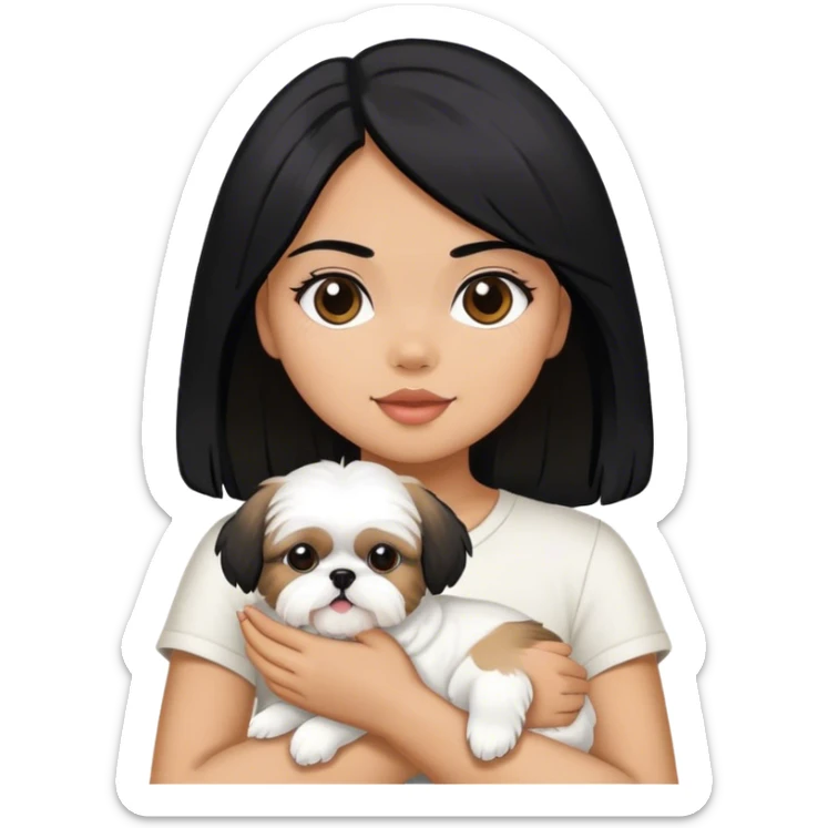 A girl with black hair and tan skin, holding a white Shih Tzu dog. sticker