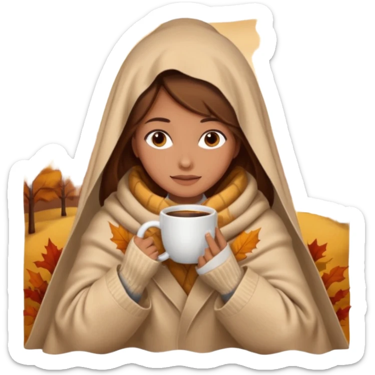 brown hair woman sitting under beige blanket, with a blanket over his head, holding cup of coffee, autumn mood sticker