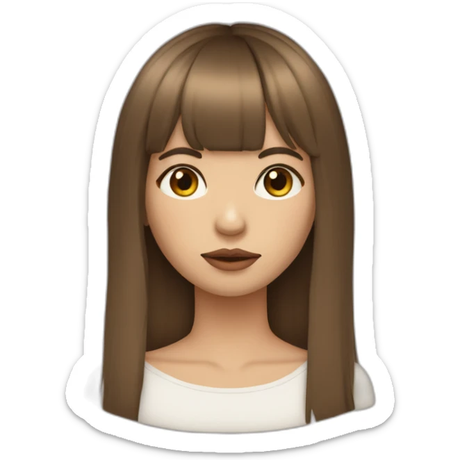 long brown hair skinny girl with curtain bangs, thin face and makeup from head to chest sticker