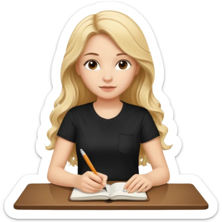 A beautiful blonde with long wavy hair in a black T-shirt sits and writes in a diary with a brown pen. sticker
