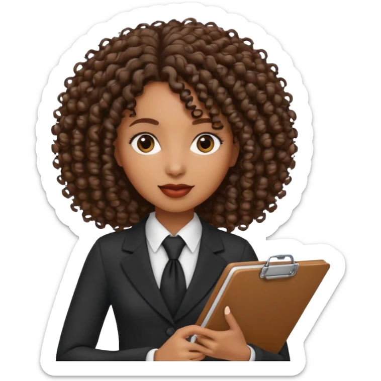 black woman in formal attire, curly hair, holding a clipboard sticker