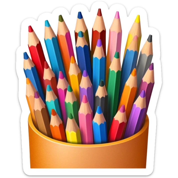 Cinematic Realistic image of a set of finely sharpened colouring pencils arranged neatly on crisp paper, rendered with vibrant hues and detailed pencil textures, illuminated by soft, creative lighting that captures the spirit of artistic expression sticker