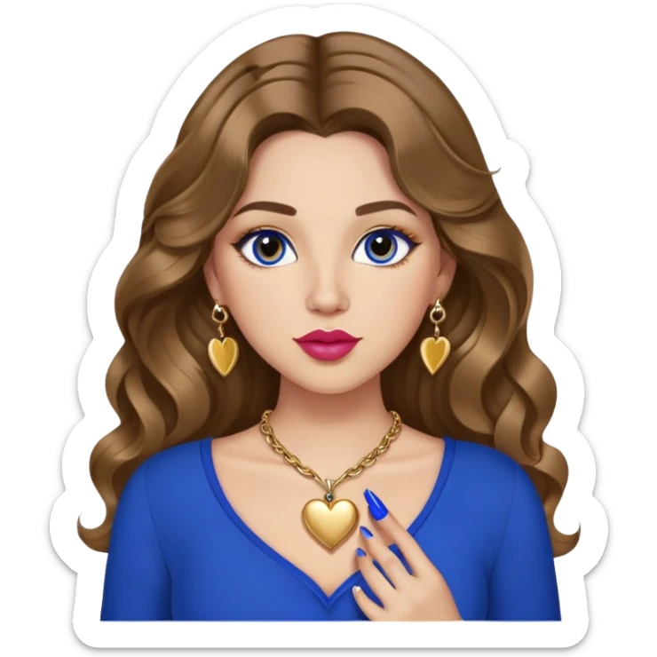 Light skinned girl, long wavy brown hair center-part with face framing pieces, big hazel eyes, gold heart necklace and earrings, royal blue long sleeve top, prominent blush, sassy, big lips, fancy long acrylic nails done, holding lipstick. She is curvy sticker