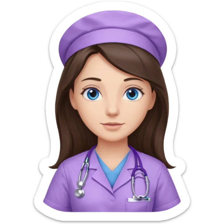 pretty brunette nurse with long hair and blue eyes in lilac scrubs sticker
