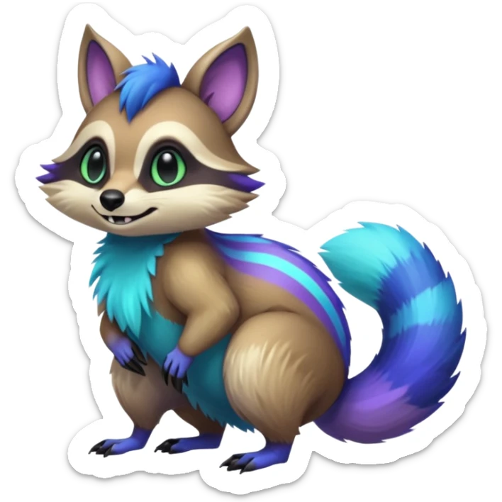 Iridescent Neon Green-Cyan-Blue-Purple-gradients Tanuki-Numbat-Sergal-fusion-hybrid-animal-creature, full body sticker