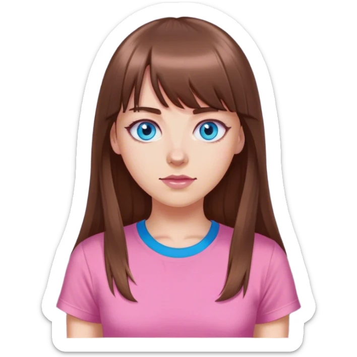White girl with long brown hair and bangs with blue eyes and pink tshirt sticker