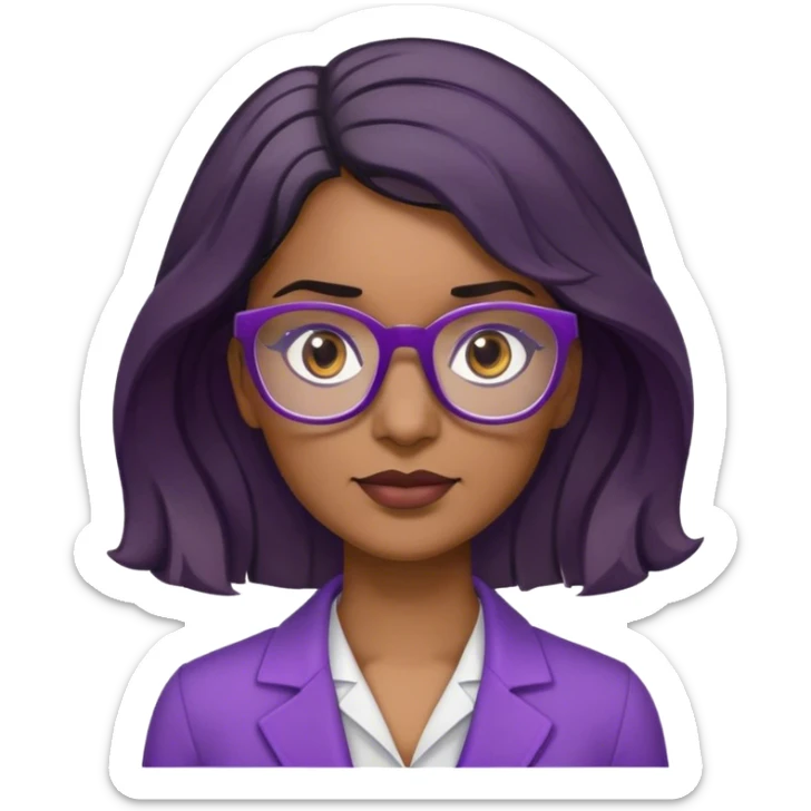 project manager woman ojos cafe oscuros cabello negro con un pequeño mechon de canas al lado izquierdo parte superior, cabello ondulado casi liso hasta el busto con gafas  morado oscuro sticker