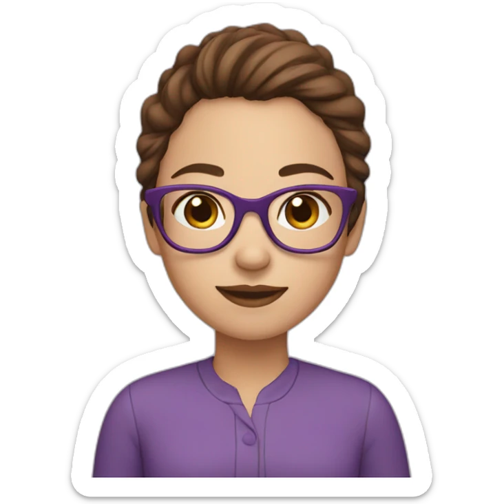 Girl with brown hair in glasses. wearing purple sticker