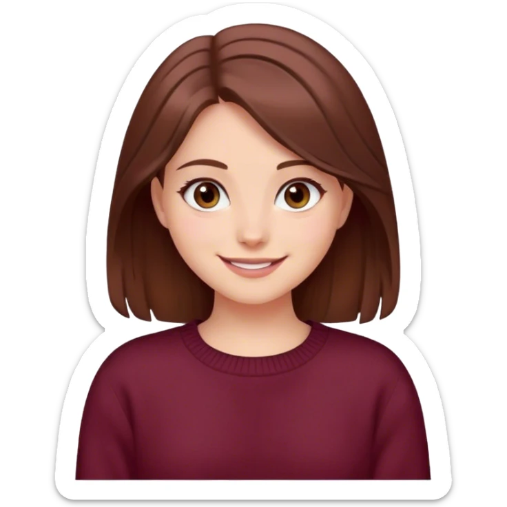 A girl with brown hair smiles, gray eyes, wearing a burgundy sweater sticker