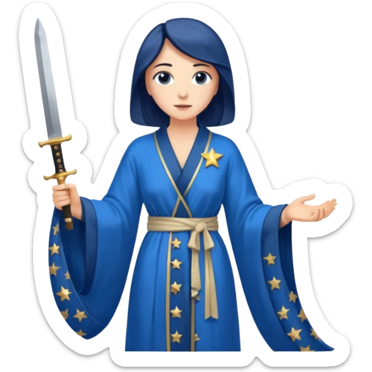 An upright Europe (a tall woman), wearing a blue, flowing robe with stars on the hem, and behind her stands Chancellor Merz, holding a knife toward her back sticker