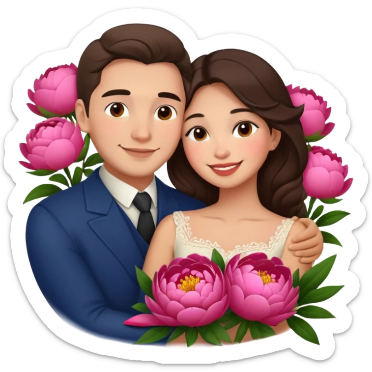 couple hug with warm smiles Latina girl and russian man elegant peonies  sticker