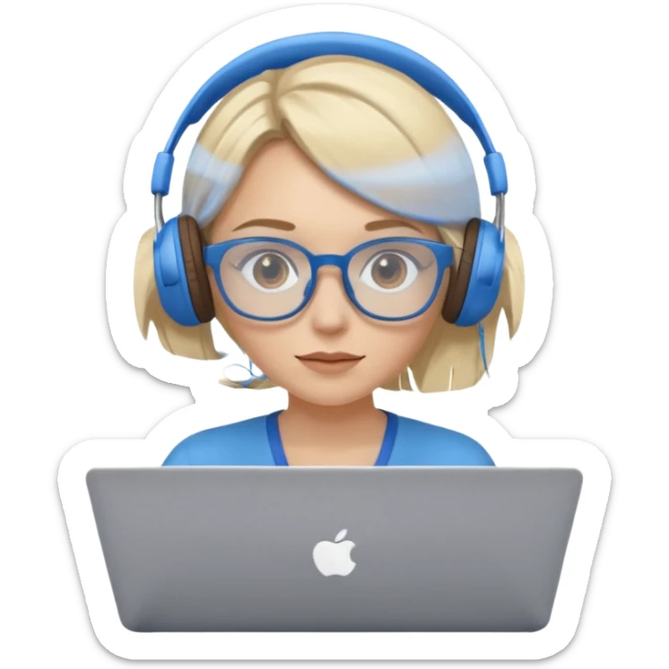 create a blonde hair women with brown eyes, blue glasses and blue headphones working on a laptop wearing a brown top. sticker