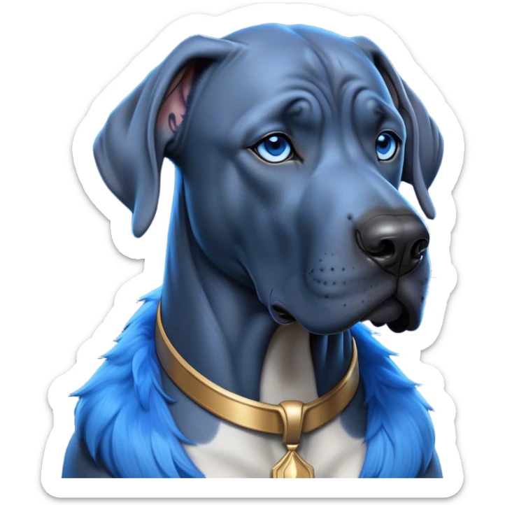 Cinematic Noble Blue Great Dane Portrait Emoji, Poised and regal, with a towering, muscular build and a sleek, well-groomed deep blue Fur, deep-set soulful steel-blue eyes, Simplified yet sharp and sophisticated features, highly detailed, glowing with a cool, dignified glow, high shine, intelligent and commanding, stylized with an air of majesty, focused and attentive, soft glowing outline, capturing the essence of a watchful and authoritative guardian, so majestic it feels as though it could stride out of the screen with effortless authority! sticker