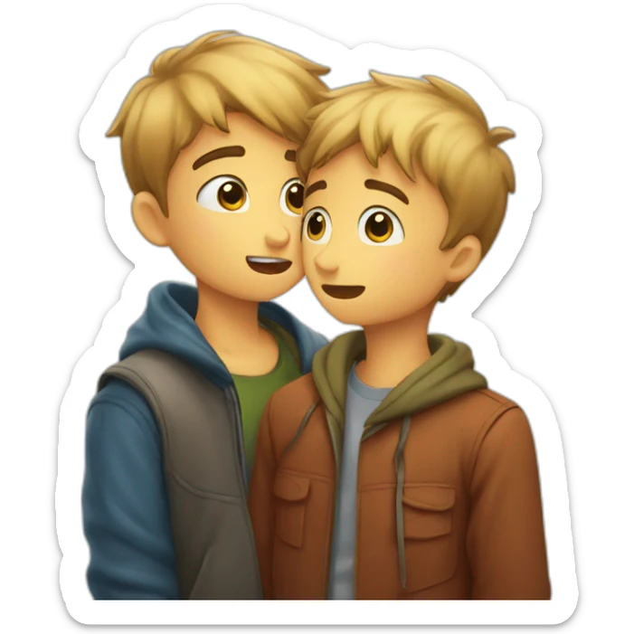 Boy whispering a secret to another. I want the emoji to show a boy with an intriguing expression, leaning towards another boy, appearing to be whispering something in his ear sticker