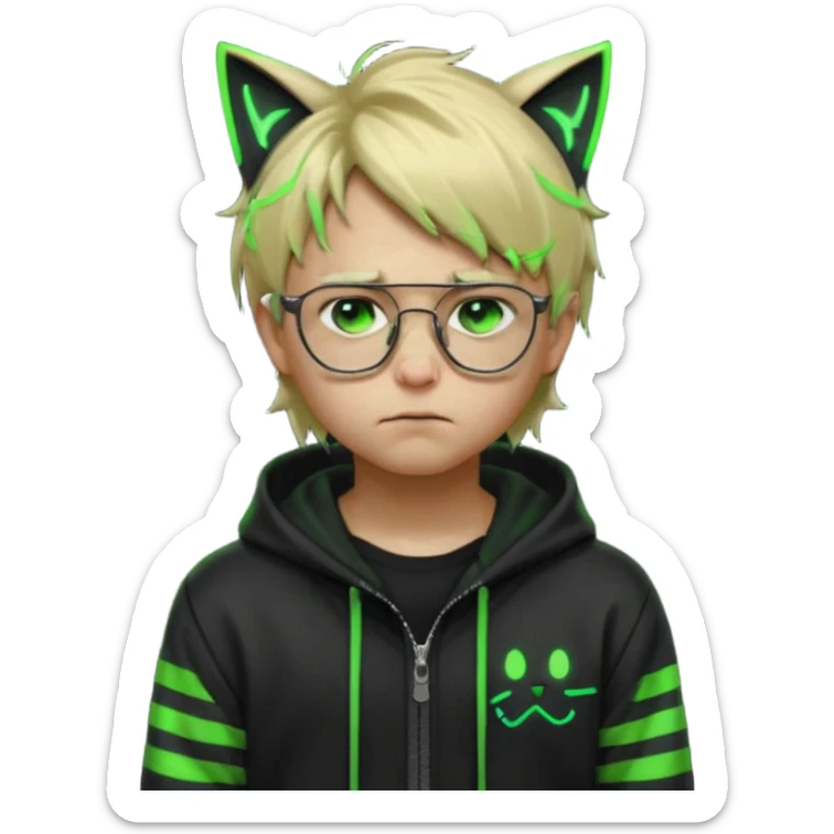 Light blond, slightly messy hair
Black glasses
A black hoodie with cat ears
Neon green details on the jacket and pants (glowing lines and stripes)
An overall hacker / cyberpunk style look
A neutral facial expression (boy )eyes brown) the hood with ears BROWN EYE BROWN EYE but sad and cry sticker