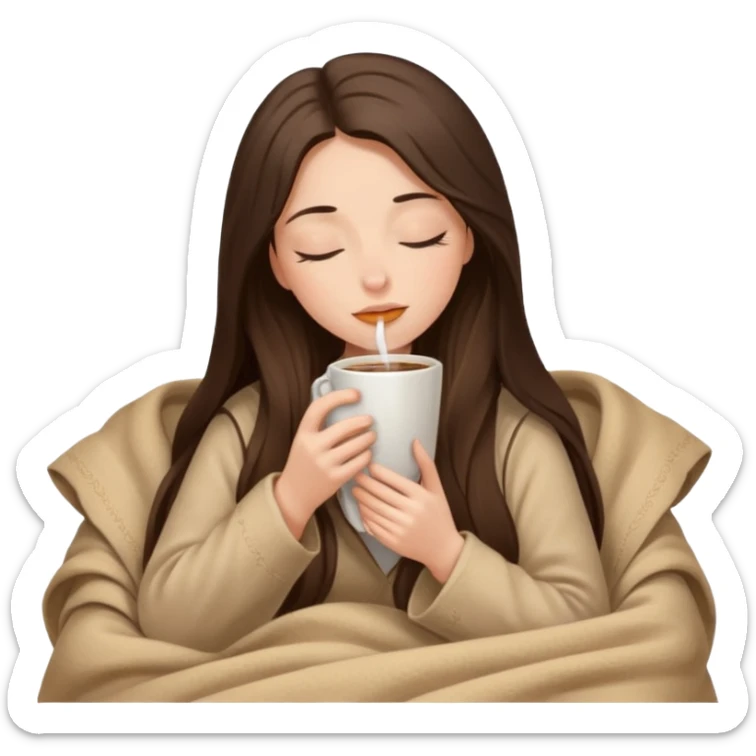 Brunette girl long hair inside a beige blanket sipping coffee eyes closed sticker