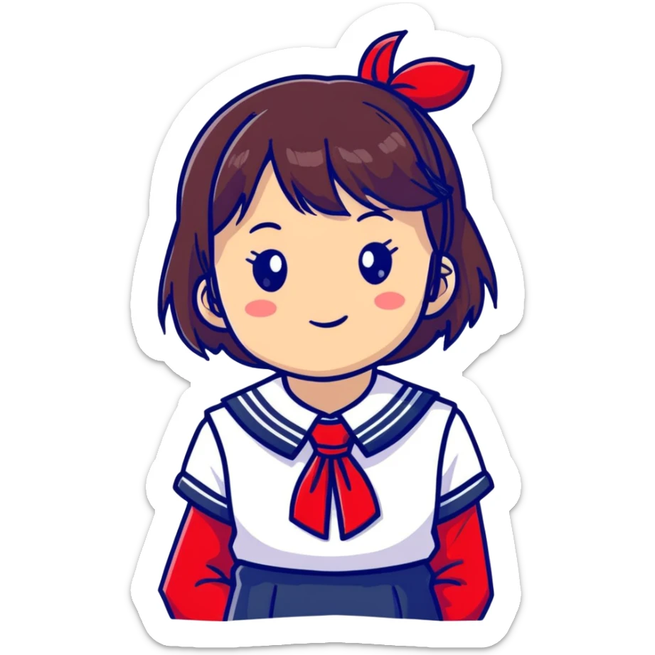 Adorable Japanese high school girl in classic sailor uniform with red necktie sticker