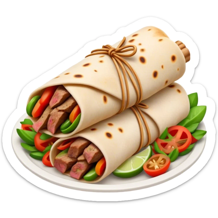 Cinematic Realistic Gyros Dish Emoji, showcasing succulent, spiced meat wrapped in pita with fresh vegetables rendered with lifelike detail and dynamic, appetizing lighting. sticker
