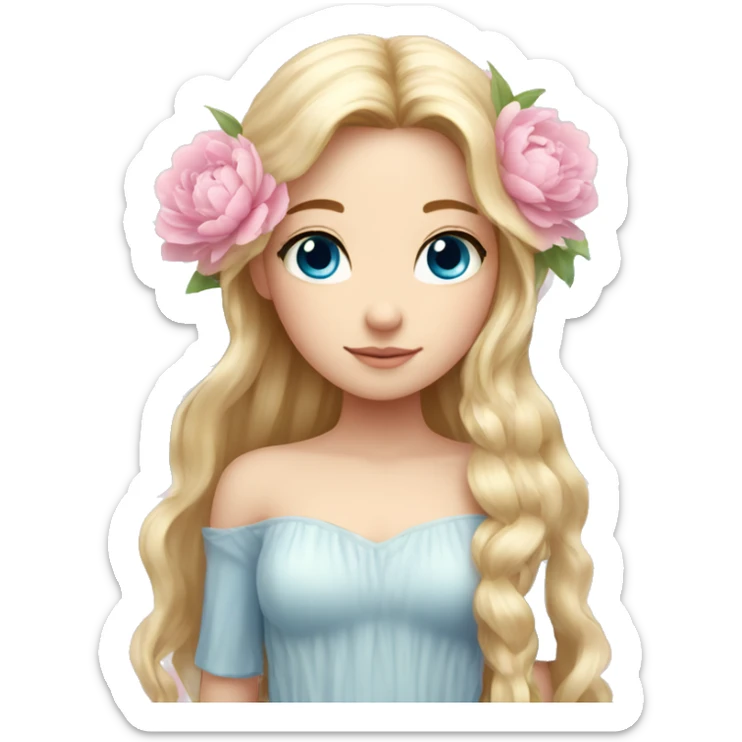 Beautiful, peony, fairy, light pink, long blond hair, big wings, fair skin, blue eyes  sticker