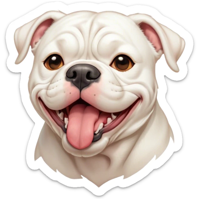 Cinematic Cute Yawning White American Bulldog Portrait Emoji, Head tilted slightly with a dramatic, wide-open yawn, short white fur with a velvety texture, floppy ears slightly drooping, round brown eyes barely open in drowsy contentment, Simplified yet irresistibly adorable features, highly detailed, glowing with a soft, cozy glow, high shine, relaxed yet expressive, stylized with a touch of whimsy, bright and endearing, soft glowing outline, capturing the essence of a sleepy yet affectionate pup, so drowsy it feels like it could stretch right out of the screen and curl up for a nap! sticker