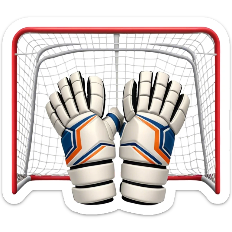 Cinematic Realistic image of goalie gloves showcasing detailed fabric textures and intricate grip patterns, rendered against a blurred goal backdrop with focused, high-contrast lighting that accentuates their essential design sticker