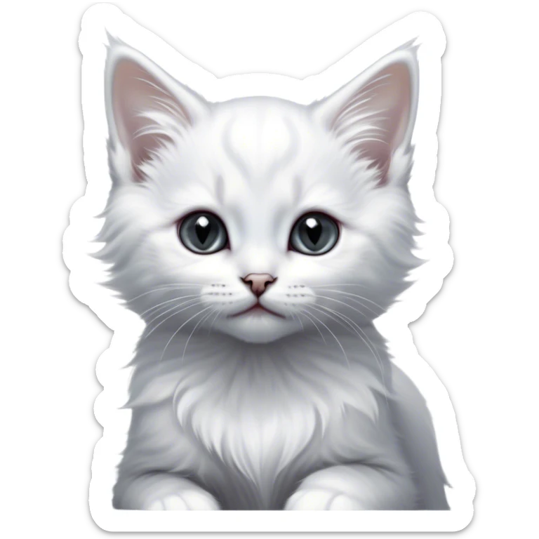 Cinematic Kitten, Ultra realistic 32k HD, Breathtaking piece of art, rim lighting, hauntingly beautiful art, mostly greyscale, Balanced features, highly detailed digital artwork, glowing with silver light, glowing, high shine, deviant adoptable, highly detailed clothing, remembrance, a painting of white silver, fanciful, enchanting, ghostly, embodying the essence of both reality and fantasy, dreamy, dreamy glow, optical illusion, immaculate composition, complex pose, air composition. The image is so lifelike that it feels as though it could leap off the canvas at any moment sticker