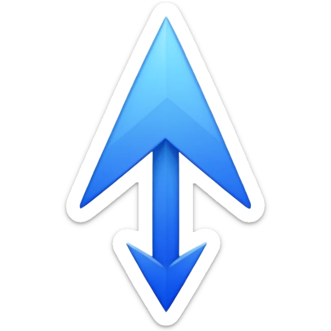 A sleek and elegant upwards arrow icon in a single, vibrant shade of cobalt blue (#0047AB). The style is minimalist 3D with soft gradient shading. The arrow is symmetrical, has a sharp but refined point, and its body is fluid and modern. The background is transparent. sticker