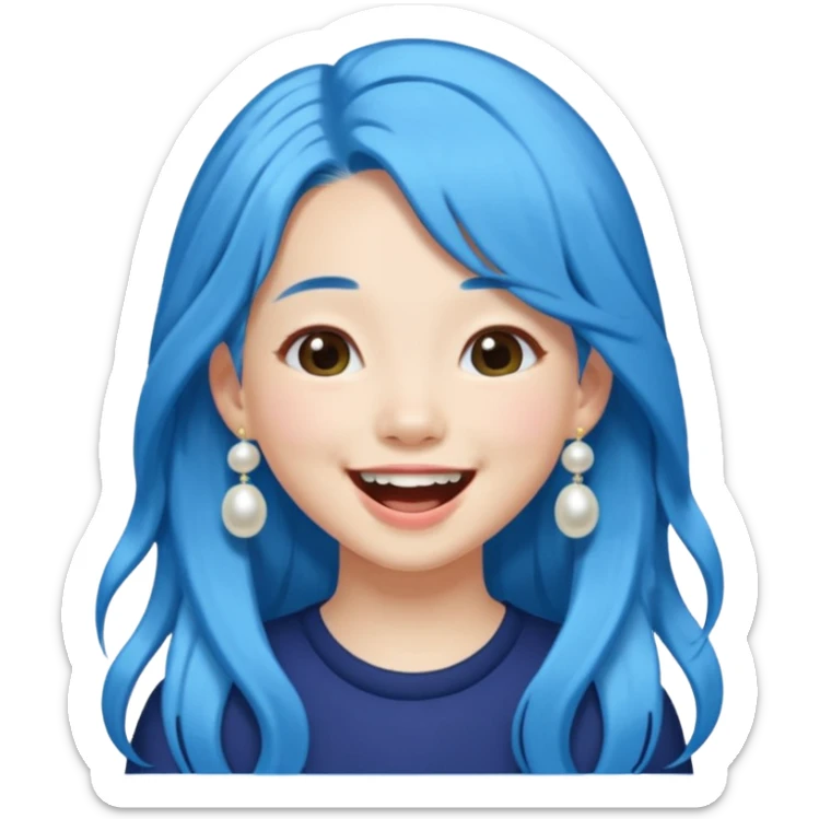 laughing Asian girl, long blue hair, pearl hair clip, nature lover sticker